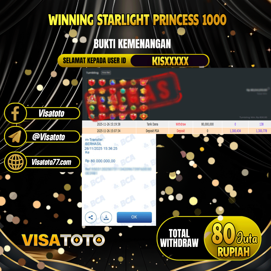 VISATOTO JACKPOT SLOT STARLIGHT PRINCESS 1000 RP.80.000.000,- LUNAS USER ID KIS***