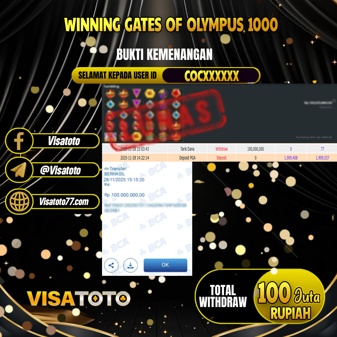 VISATOTO JACKPOT SLOT GATES OF OLYMPUS 1000 RP.100.000.000,- LUNAS USER ID COC***