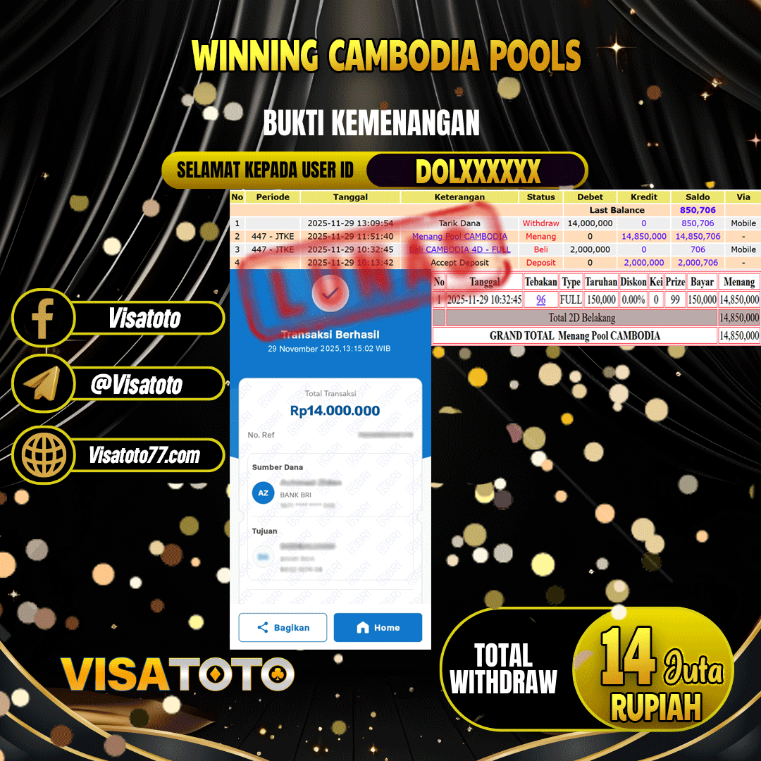 VISATOTO JACKPOT TOGEL CAMBODIA RP.14.000.000,- LUNAS USER ID DOL***