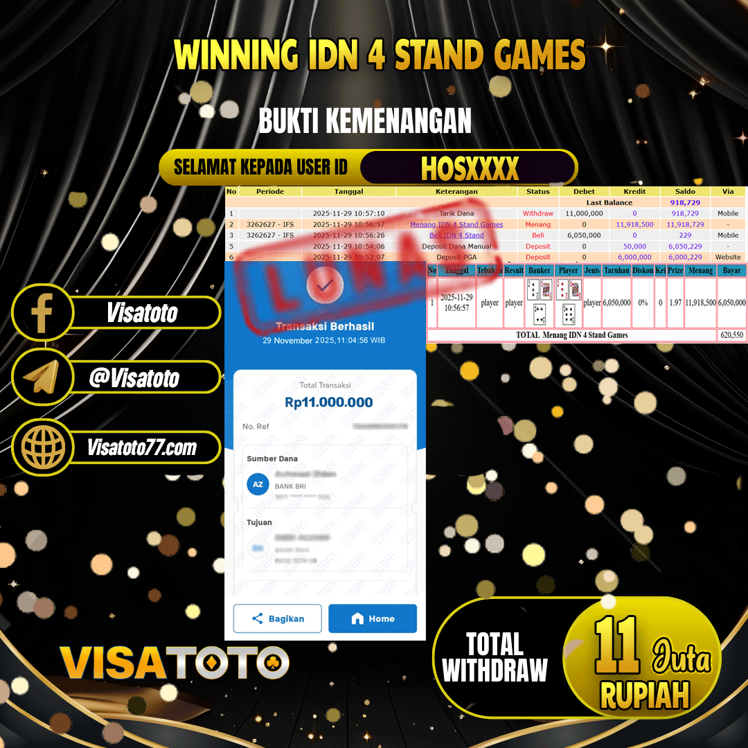 VISATOTO JACKPOT LIVE GAMES IDN 4 STAND GAMES RP.11.000.000,- LUNAS USER ID HOS***