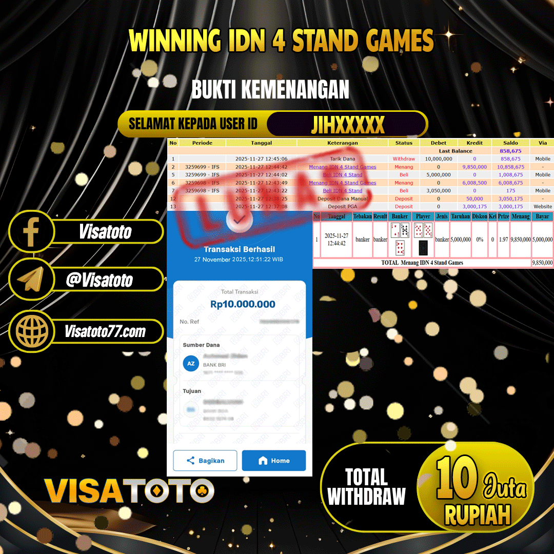 VISATOTO JACKPOT  LIVE GAMES 4 STAND GAMES RP.10.000.000,- LUNAS USER ID JIH***