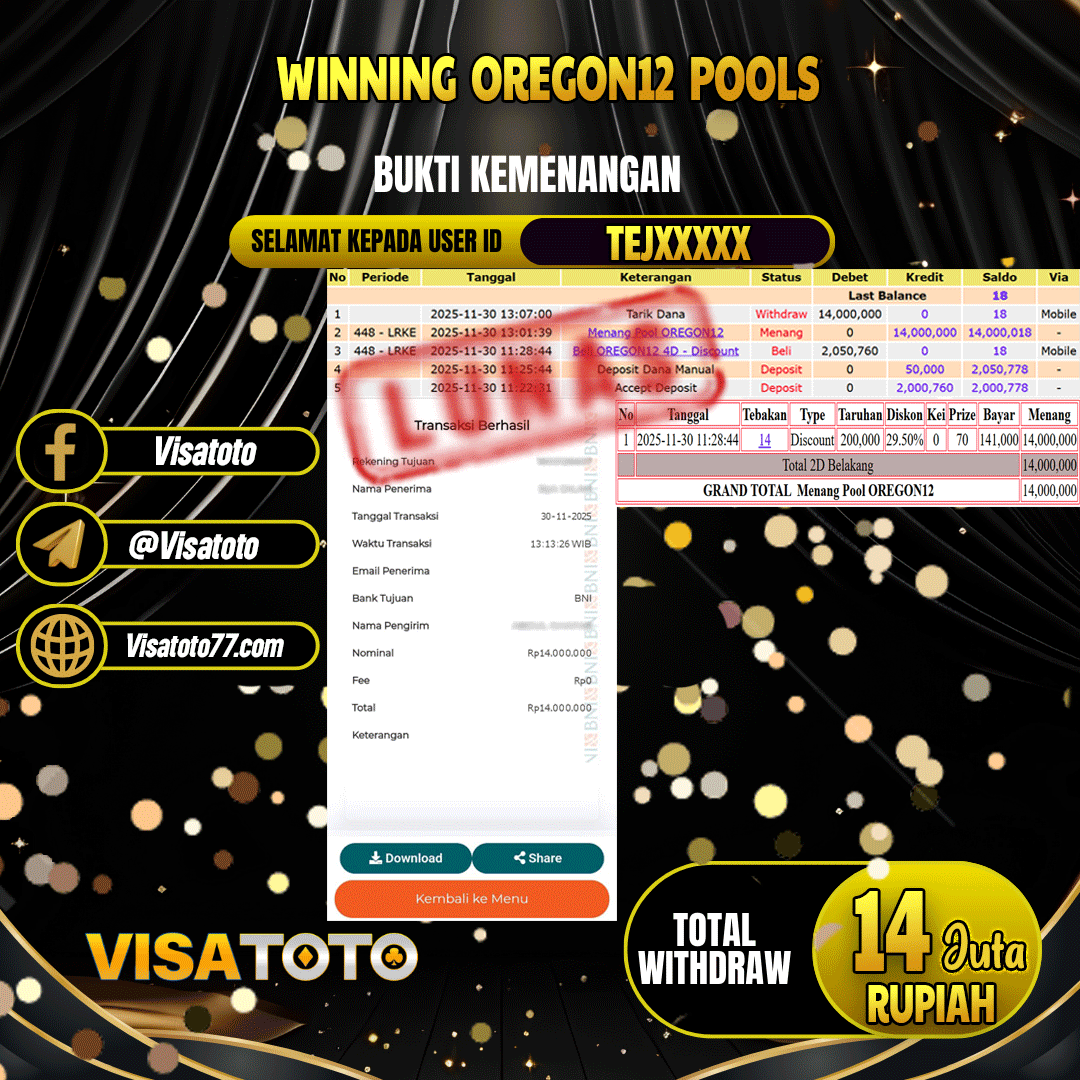 VISATOTO JACKPOT  TOGEL OREGON 12 RP.14.000.000,- LUNAS USER ID TEJ***
