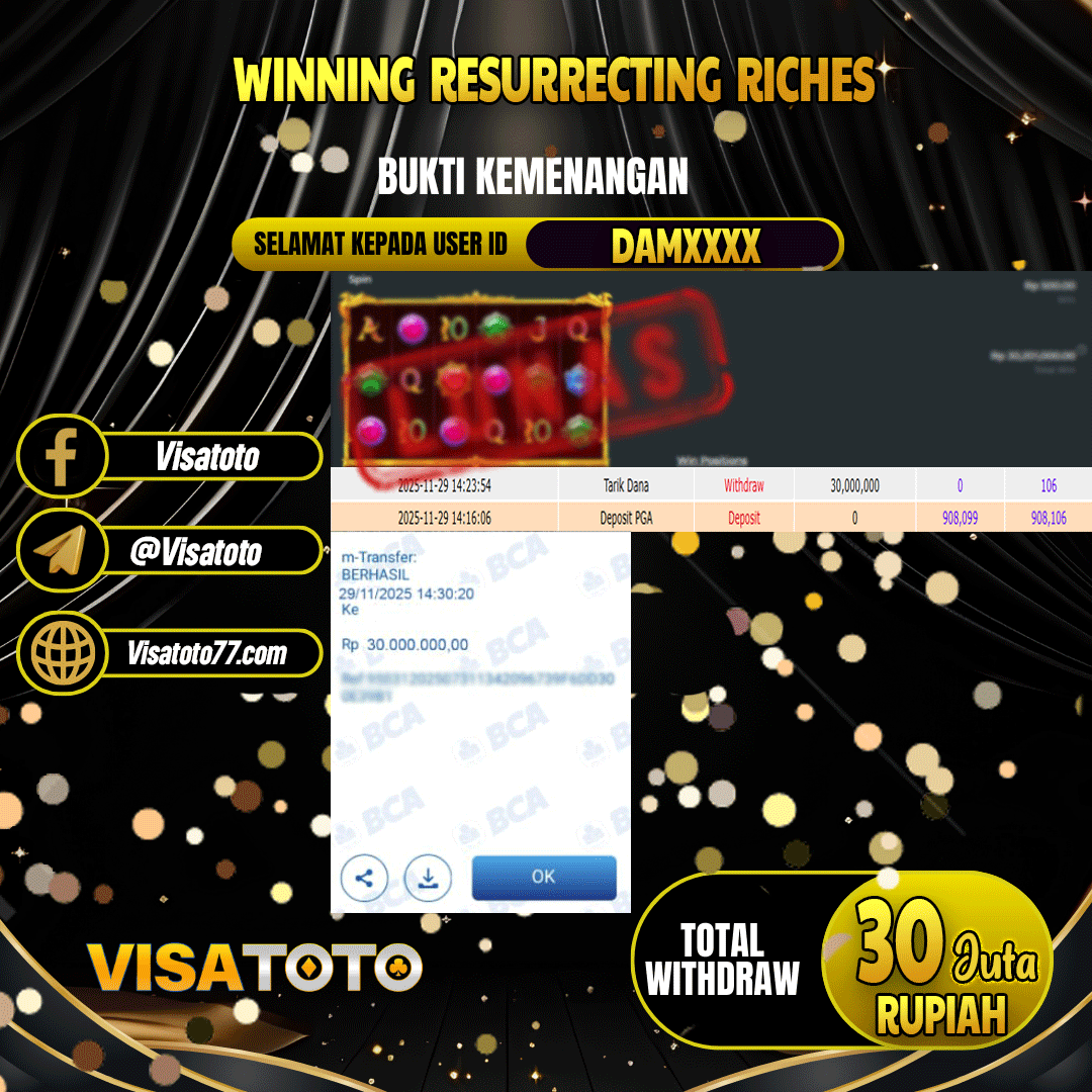 VISATOTO JACKPOT SLOT RESURRECTING RICHES RP.30.000.000,- LUNAS USER ID  DAM***