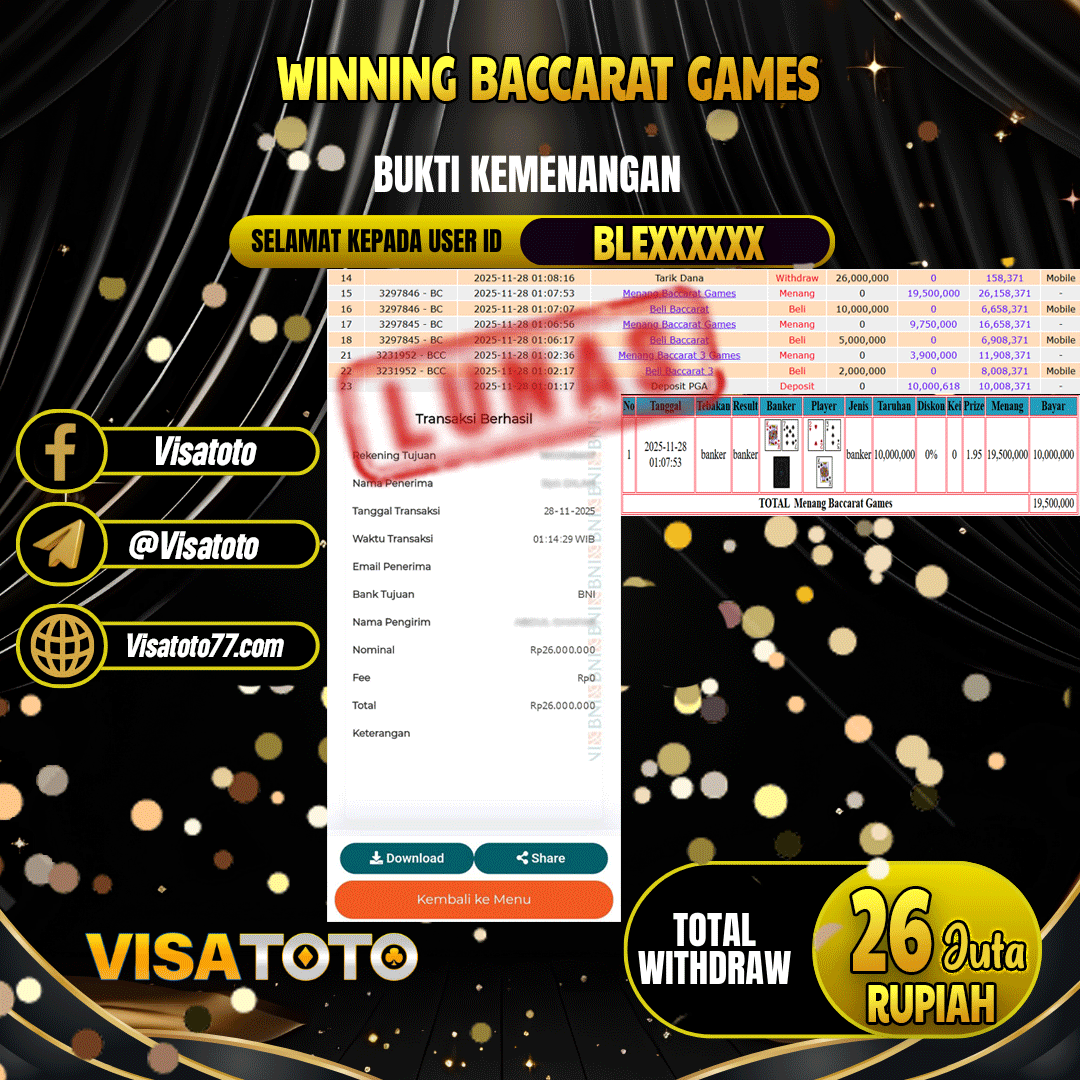 VISATOTO JACKPOT LIVE GAMES BACCARAT GAMES RP.26.000.000,- LUNAS USER ID BLE***