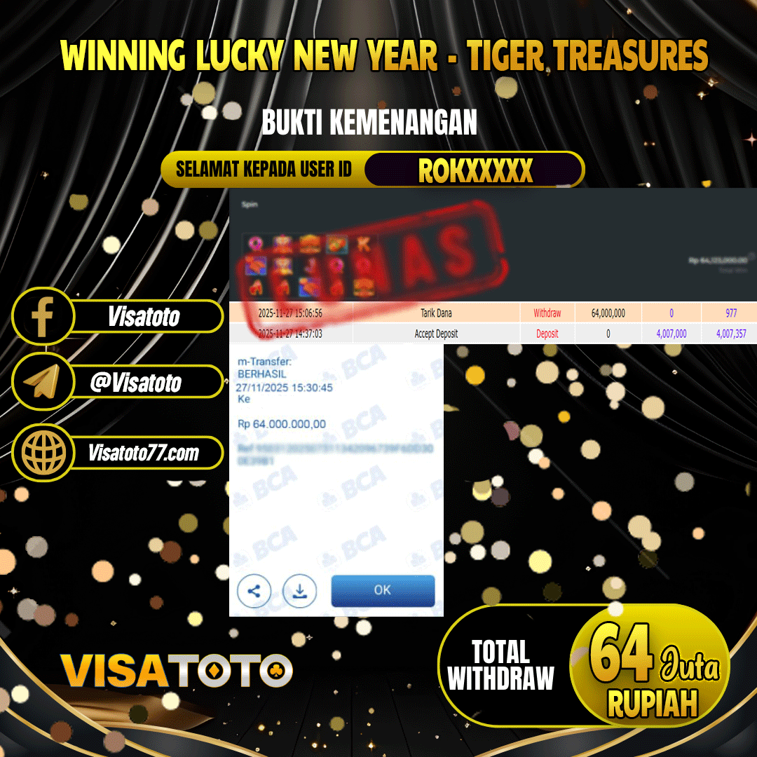 VISATOTO JACKPOT  SLOT LUCKY NEW YEAR - TIGER TREASURES RP.64.000.000,- LUNAS USER ID ROK***
