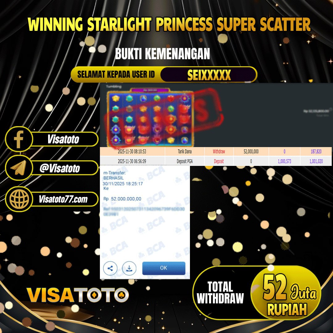 VISATOTO JACKPOT SLOT STARLIGHT PRINCESS SUPER SCATTER RP.52.000.000,- LUNAS USER ID SEI***